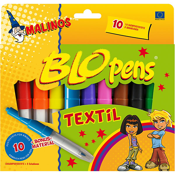 

Фломастеры-аэрографы Malinos Blopens Textil для текстиля с трафаретами, 10 шт, Разноцветный