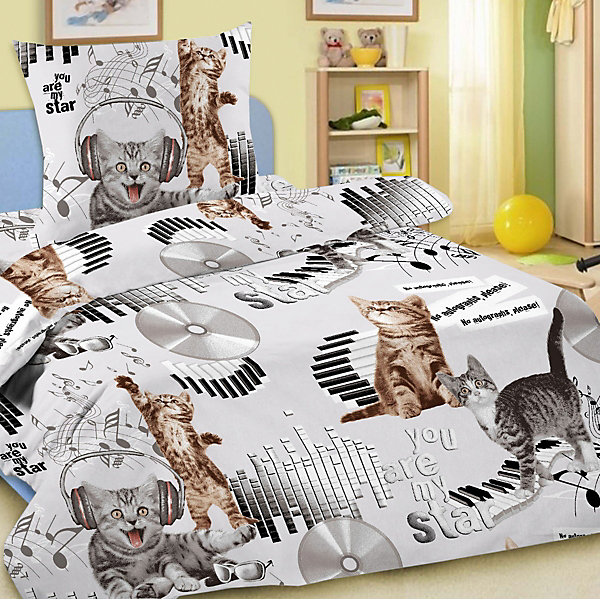 

Постельное белье 1,5 сп Letto Кот диджей, серый