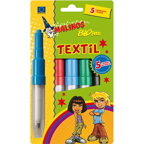 

Фломастер-аэрограф Malinos "Blopens Textil" для текстиля, 5 шт., 1 трафарет