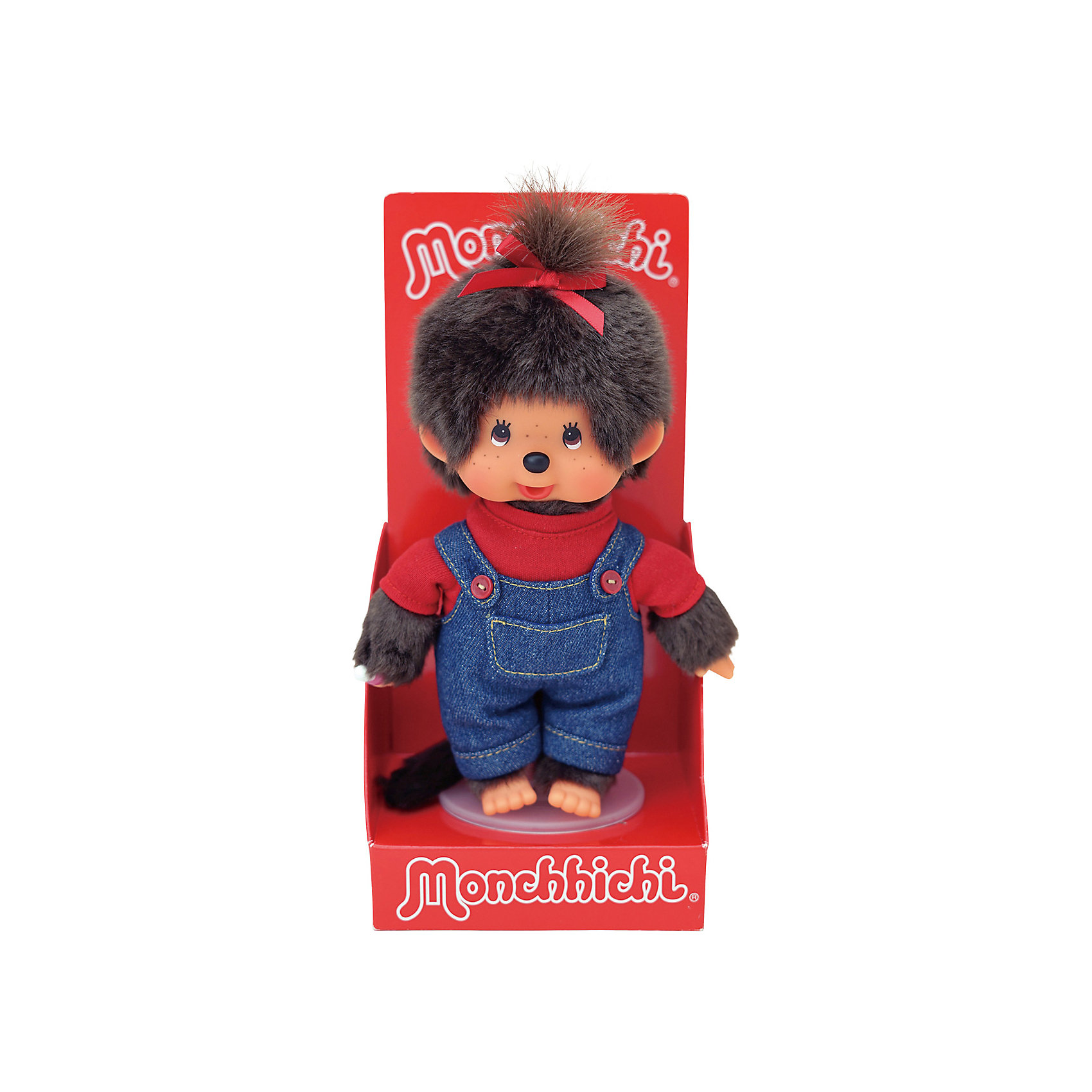 фото Мягкая игрушка Monchhichi Мончичи, девочка в комбинезоне и красной футболке, 20 см