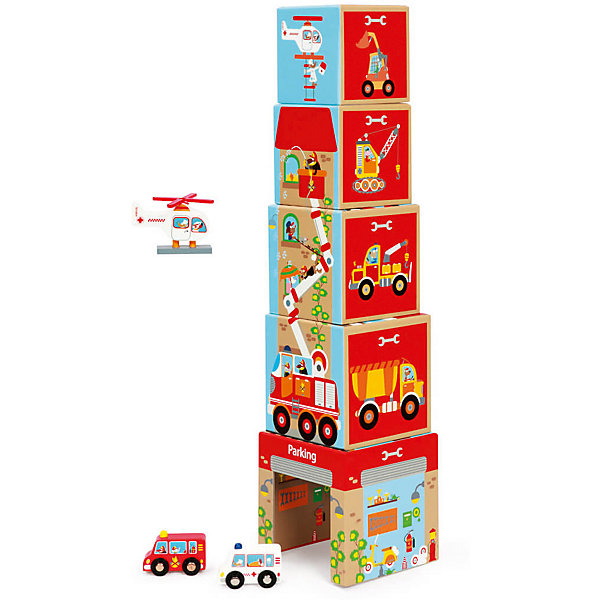 фото Башня из кубиков Scratch JUMBO с автомобилями и вертолетом