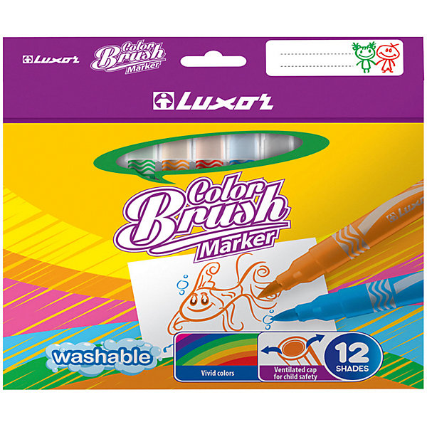 Luxor Фломастеры с кистевым пишущим узлом Luxor Color Brush, 12 цветов, смываемые