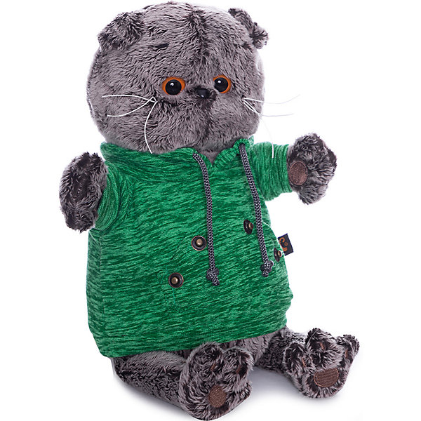 фото Мягкая игрушка Budi Basa Кот Басик в зеленой толстовке с карманом-кенгуру, 22 см