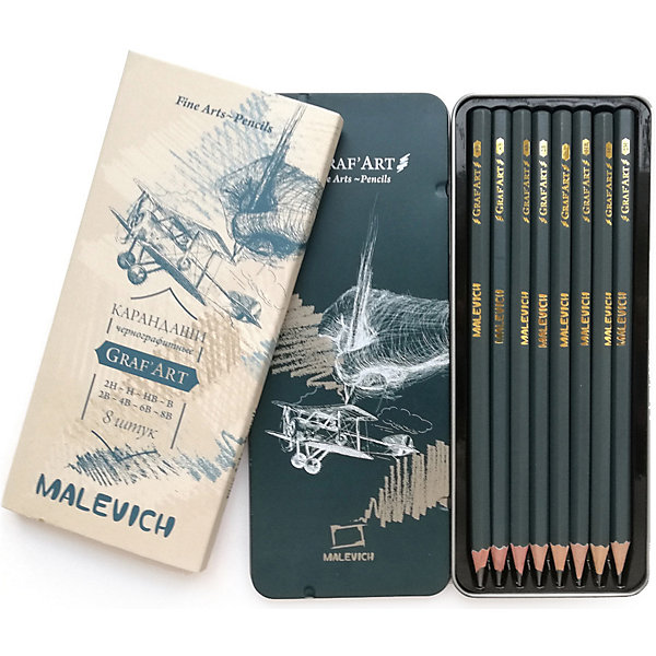 Набор чернографитных карандашей Graf'Art в металлической коробке, 8 шт Малевичъ 12901492