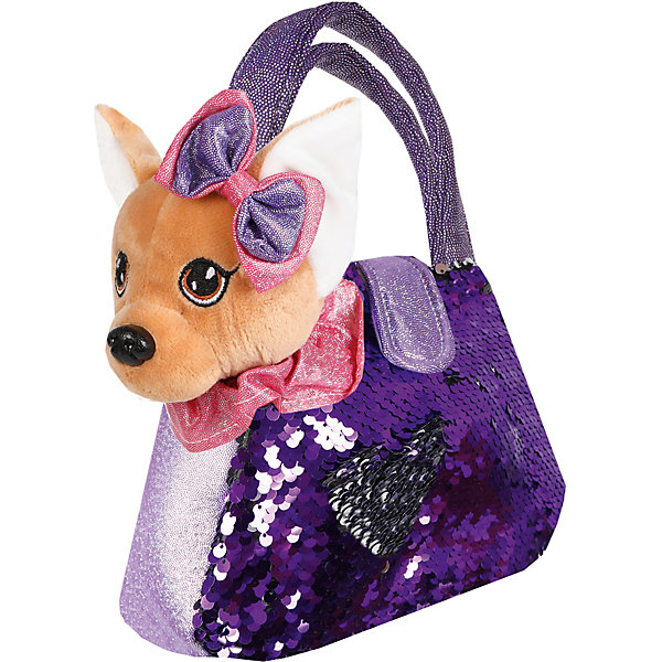 фото Мягкая игрушка Fluffy Family "Щенок в сумочке с пайетками", 19 см, фиолетовая