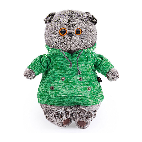фото Мягкая игрушка budi basa кот басик в зеленой толстовке с карманом-кенгуру, 30 см
