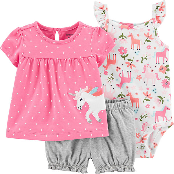 

Комплект Carters: футболка, боди и шорты, Блекло-розовый, Комплект Carters: футболка, боди и шорты