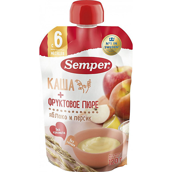 

Пюре Semper яблочно-персиковое с кашей, с 6 мес, 12 шт
