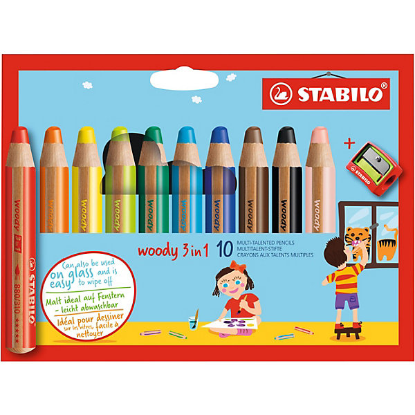 

Набор супертолстых цветных карандашей Stabilo Woody 10цв+точилка, картон, new design