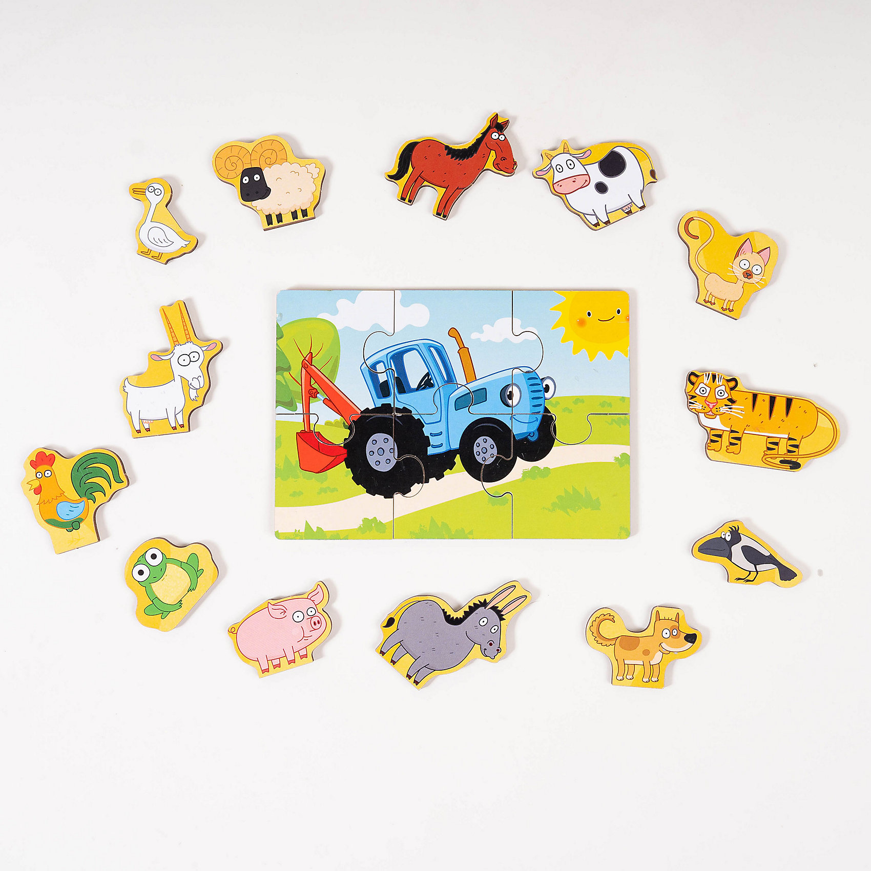 фото Деревянный пазл bochart синий трактор с животными