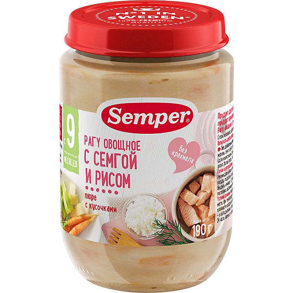 

Пюре Semper овощное рагу с сёмгой и рисом с 9 мес, 12 шт х 190 г