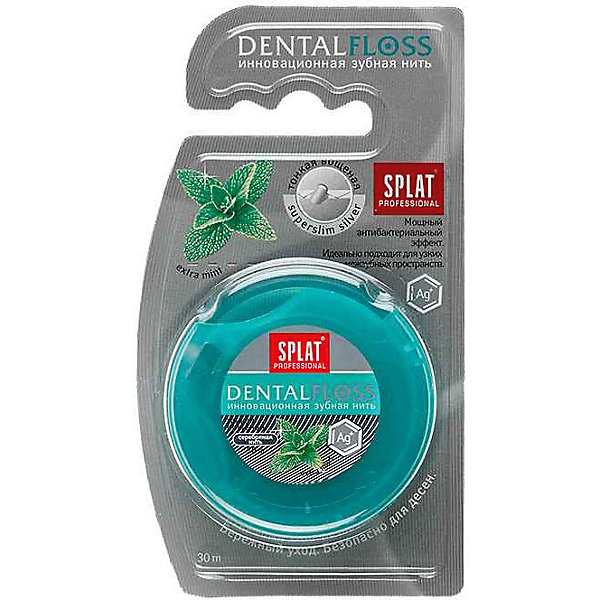 Зубная нить супертонкая Professional Dental Floss Мята-волокна серебра, 30 м Splat 16116662