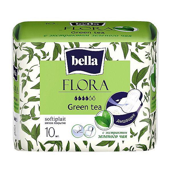 Прокладки Flora Green tea с экстрактом зеленого чая, 4 капли, 10 шт Bella 16177350