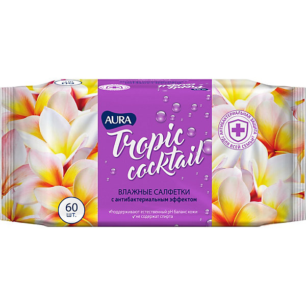 

Влажные салфетки AURA Tropic Cocktail антибактериальные, 60 шт