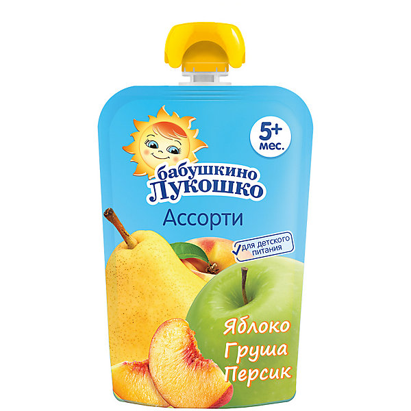 

Пюре Бабушкино Лукошко яблоко груша персик, с 5 мес, 12 шт х 90 г