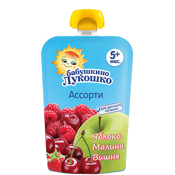 

Пюре Бабушкино Лукошко яблоко малина вишня, с 5 мес, 12 шт х 90 г