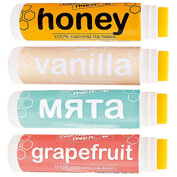 фото Набор бальзамов для губ сделано пчелой vanilla, медовый, мята, грейпфрут, 17 г