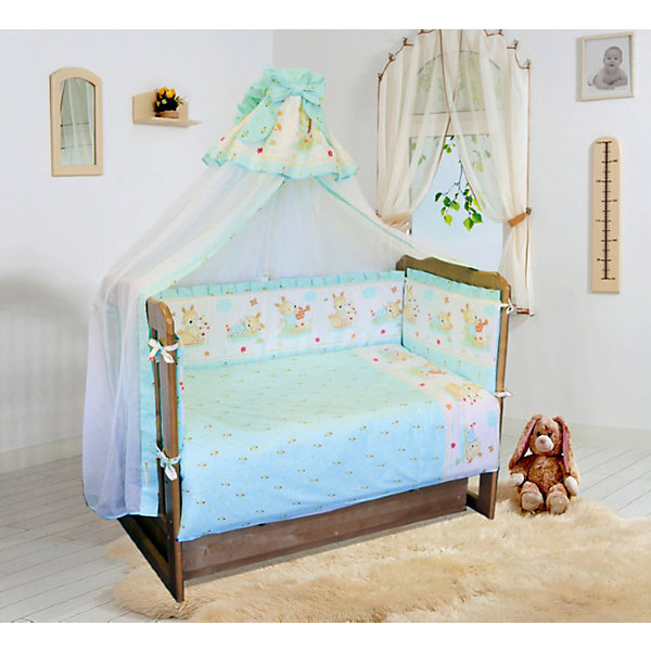 

Комплект в кроватку 7 предметов Soni kids, Зайчик-садовод, мятный на медиуме