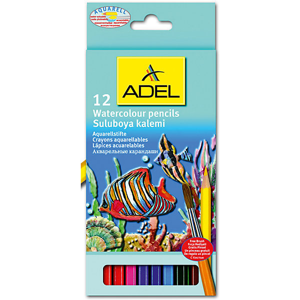 

ADEL Карандаши цветные акварельные Aquacolor, 12 цветов + кисточка.