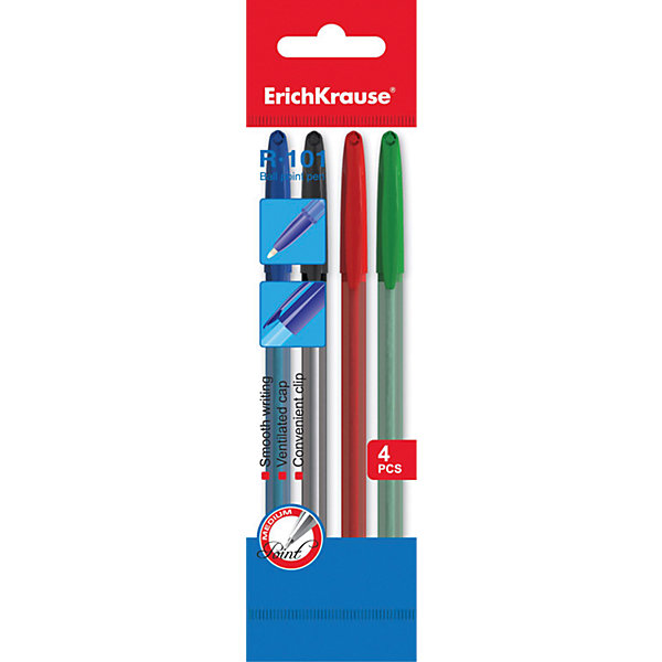 Erich Krause Erich Krause Ручка шариковая R-101 в наборе из 4 штук (пакет, 2 синие,красная,зеленая)