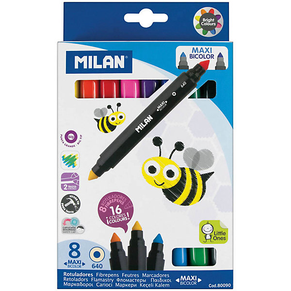 

Фломастеры двусторонние "640 Maxi Bi-Colour" 16 цветов 8 шт Milan, утолщенные