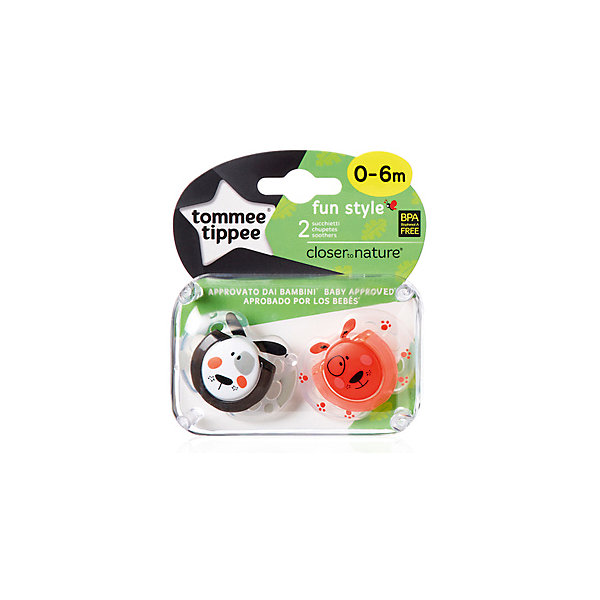

Силиконовые пустышки Tommee Tippee "AnyTime" Коровка и пёсик 0-6 мес., 2 шт., Бордовый/черный