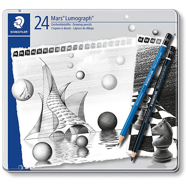 

Карандаши чернографитовые Mars Lumograph, 24 штуки, (9B-HB, F, H-9H)/(8B, 6B, 4B, 2B), Staedtler