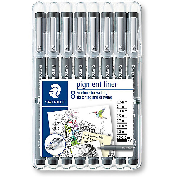 Набор капиллярных ручек Pigment liner, 8 шт.: (0,05/0,5/0,1/0,3/0,7/1,0/1,2/2,0 мм), цвет черный, Staedtler 7379412