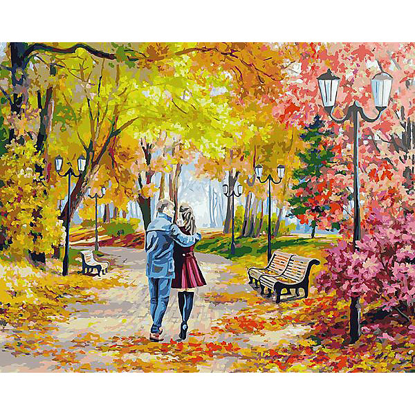 фото Раскраска по номерам Белоснежка "Осенний парк, скамейка, двое", 40х50 см