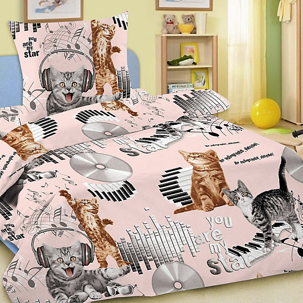 

Детское постельное белье 1,5 сп. Letto,Кот диджей,розовый