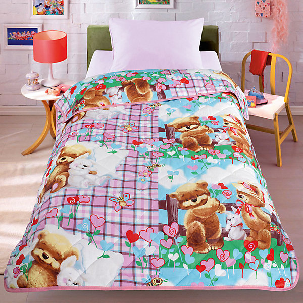

Покрывало-одеяло Мишки и зайка 140*200, стеганное, Letto, Розовый