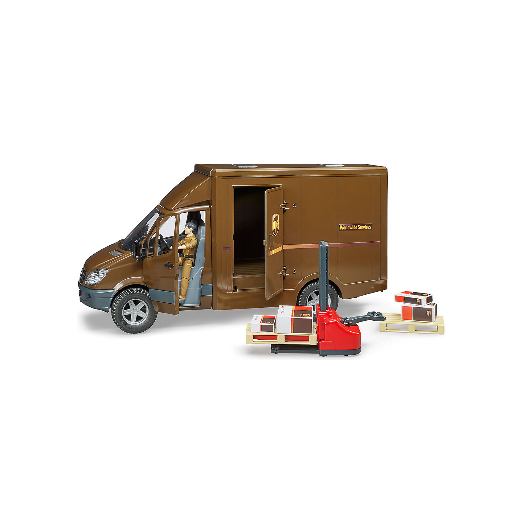 фото Mercedes-benz sprinter фургон ups с фигуркой, погрузчиком и аксессуарами bruder