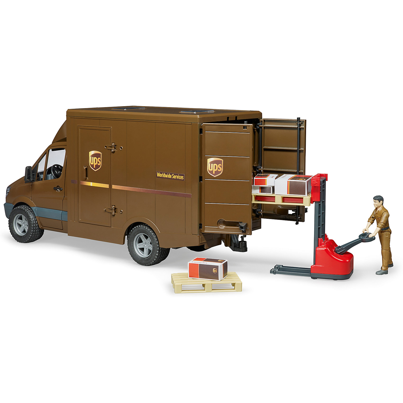 фото Mercedes-benz sprinter фургон ups с фигуркой, погрузчиком и аксессуарами bruder