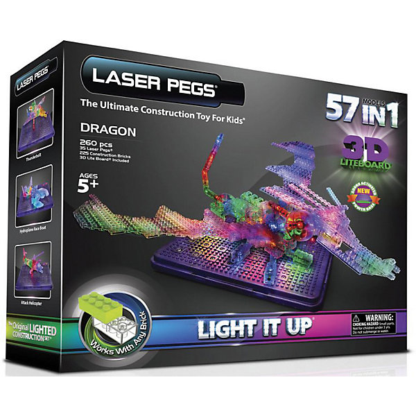 

Светящийся конструктор 57 в 1 Laser Pegs "Дракон" с 3D панелью, 260 деталей, Разноцветный