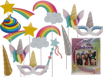 12er-Set Party-Foto-Verkleidung auf Stick "Einhorn Regenbogen "